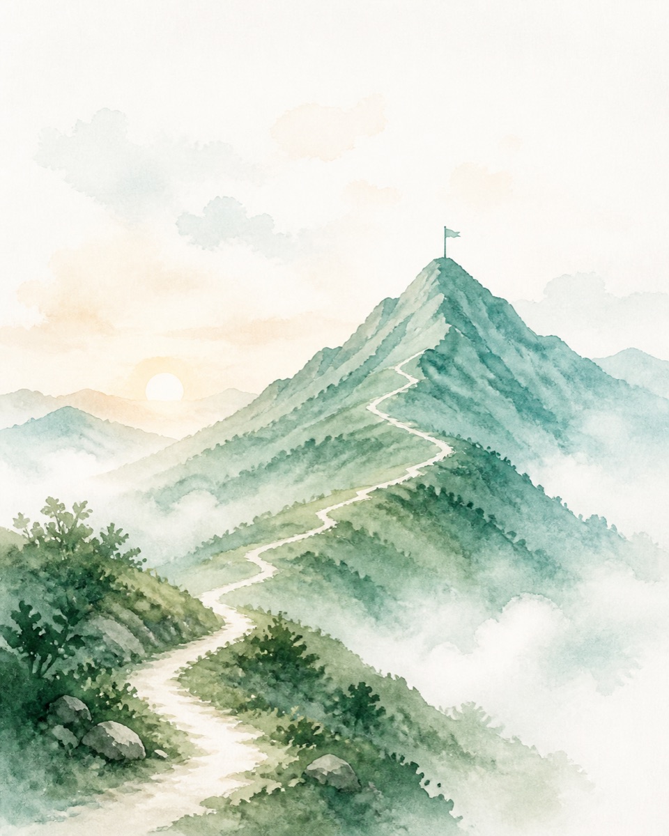 A watercolor mountain with a small flag at the summit and a winding trail leading up through misty hills — evoking progress toward a goal.