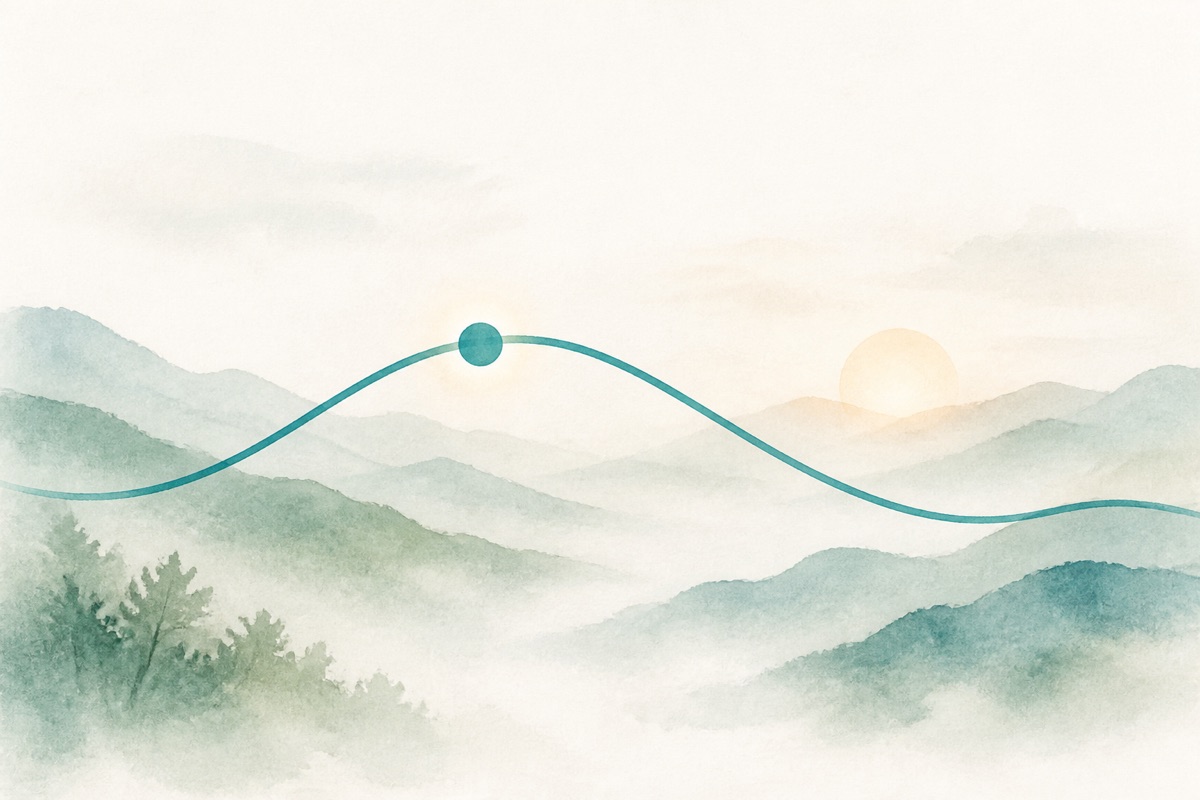 A watercolor of a gently rising and falling curve with a marked point, over misty hills at sunrise — evoking your medication level over time.